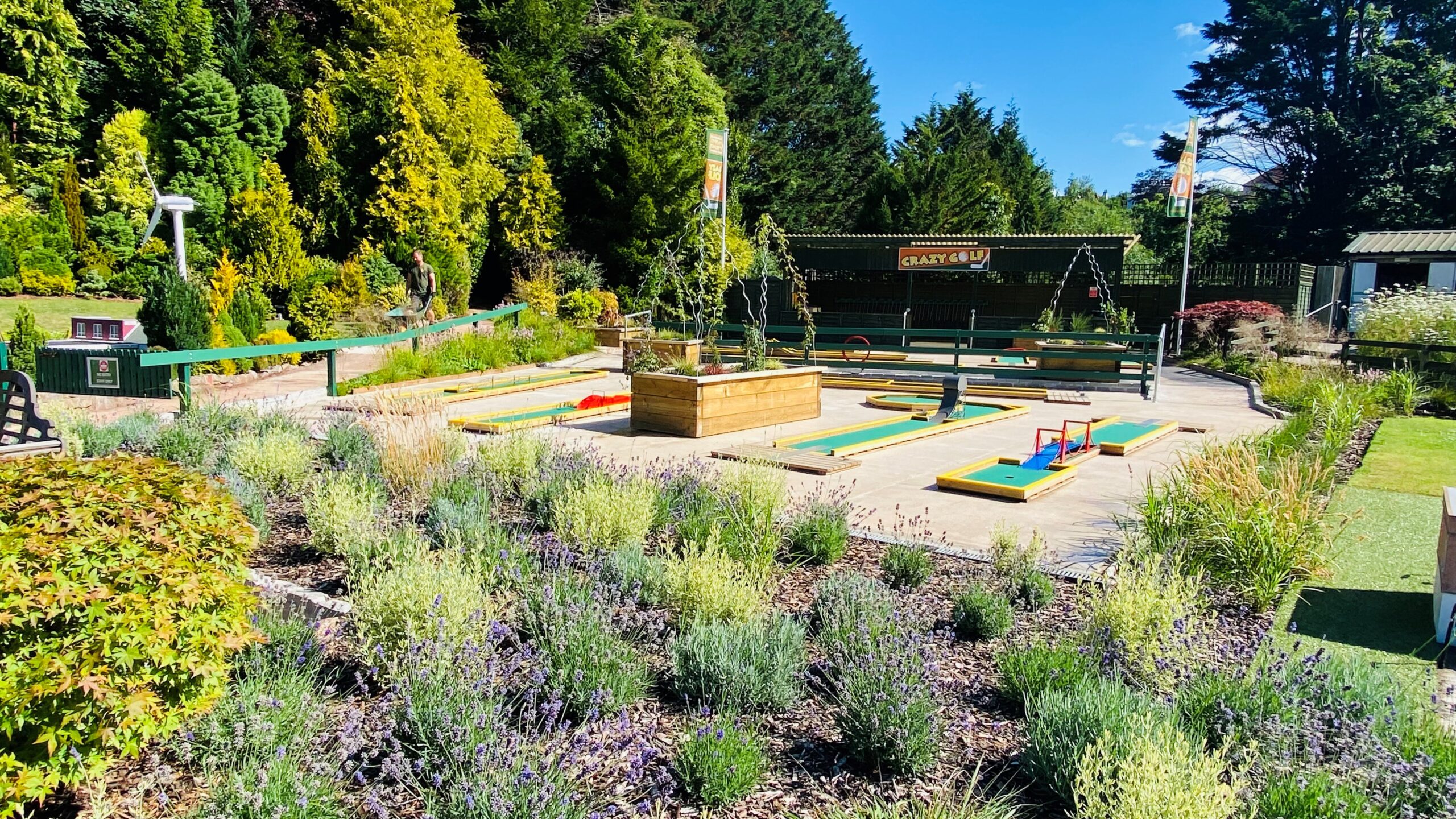 Crazy golf course with plants and shrubs